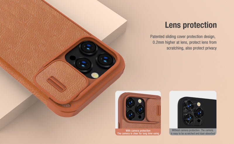 Bao Da iPhone 14 Pro Hiệu Nillkin Qin Pro Leather Case Chính Hãng được làm bằng da và nhựa cao cấp polycarbonate khá mỏng cực kỳ sang trọng, phần đẩy bảo vệ camera tốt hơn